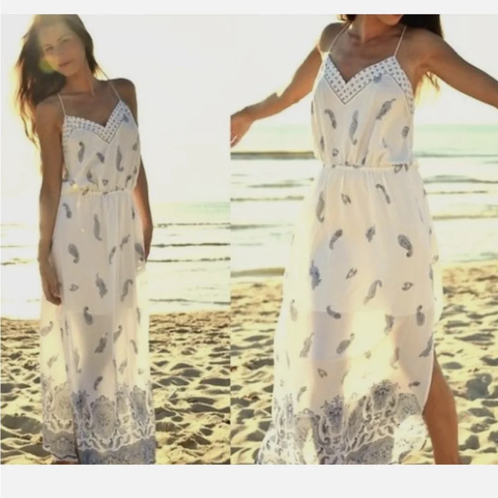 • Club Monaco • Women’s Silk Paisley Maxi Dress White and Blue  4 - Picture 2 of 5
